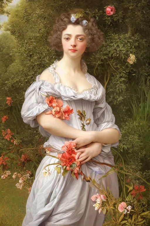 Image similar to queen of the garden full body portrait, loving amber eyes, a shy face, style portrait painting of François Boucher, Oil Painting, unreal 5, DAZ, hyperrealistic, octane render, Regal, Refined, Detailed Digital Art, RPG portrait, William-Adolphe Bouguereau, Michael Cheval, dynamic lighting, Highly Detailed, Cinematic Lighting, Unreal Engine, 8k, HD