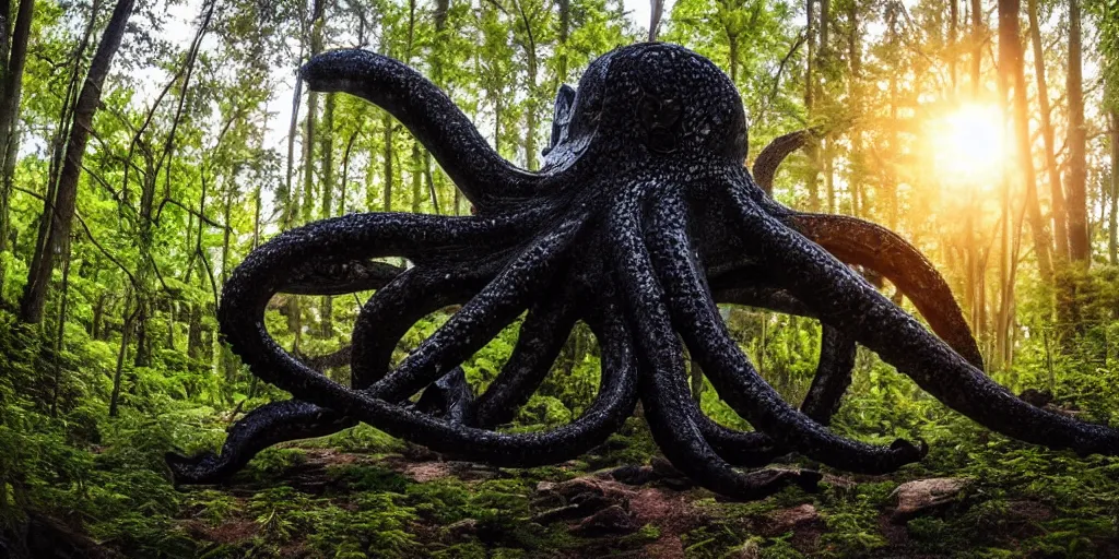 Image similar to a highly detailed giant black octopus god in the middle of a forest, beautiful ambient light, sun rays hitting the slightly transparent creature, golden hour, 8k photography