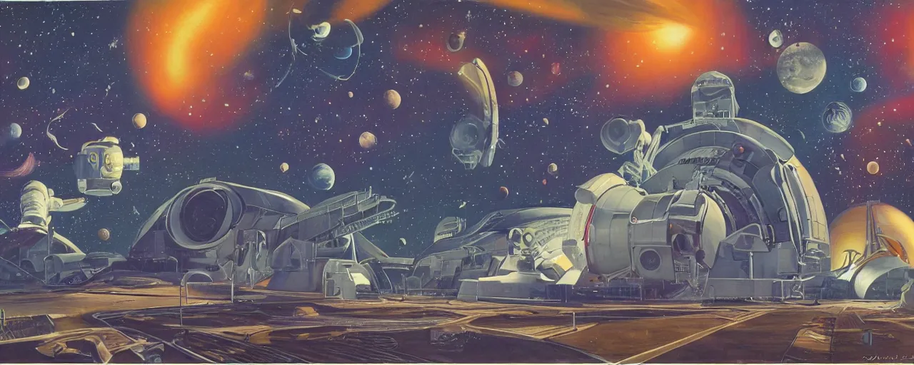 Image similar to a beautiful future for space program, astronauts and space colonies, utopian, by david a. hardy, wpa, public works mural