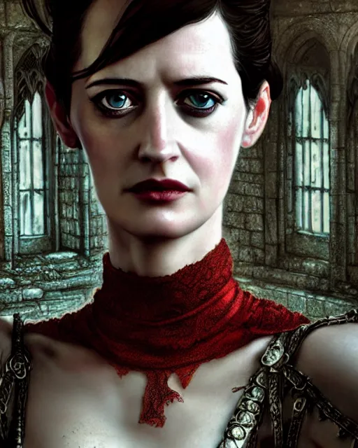 Prompt: character portrait of eva green with gorgeous detailed eyes in a castle, color page, tankoban, 4 k, tone mapping, doll, akihiko yoshida, james jean andrei riabovitchev marc simonetti, yoshitaka amano,