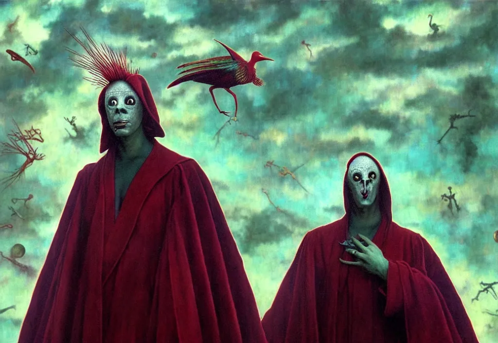 Image similar to realistic detailed portrait movie still of a birdman wearing dark robe, sci fi landscape background by denis villeneuve, amano, yves tanguy, alphonse mucha, max ernst, ernst haeckel, roger dean, masterpiece, rich moody colours, snarling dog teeth