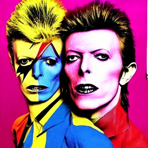 Prompt: david bowie from changes giving a piggy back ride to ziggy stardust. glam rock. colorful. by andy warhol