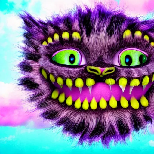 Prompt: the Cheshire cat smiling from a cloud he's sitting on in the sky high level of detail 8k style of LUKE BROWN