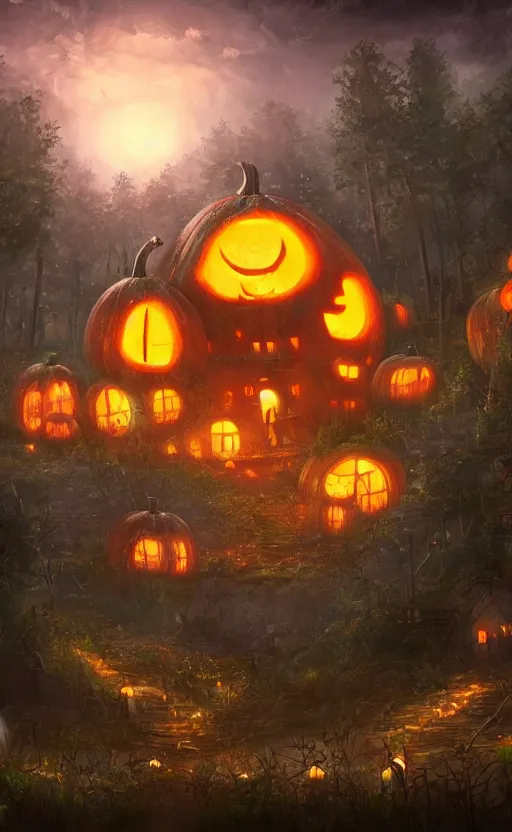 Image similar to a giant pumpkin house in the middle of a forest at night, the lights are on, dynamic lighting, photorealistic fantasy concept art, trending on art station, stunning visuals, creative, cinematic, ultra detailed