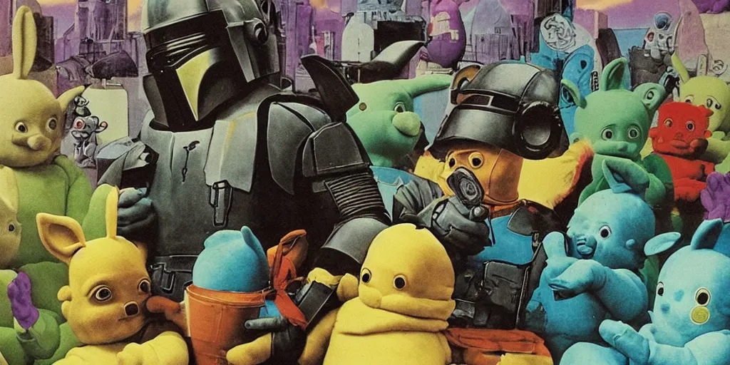 Prompt: a mandalorian playing with teletubbies by richard corben