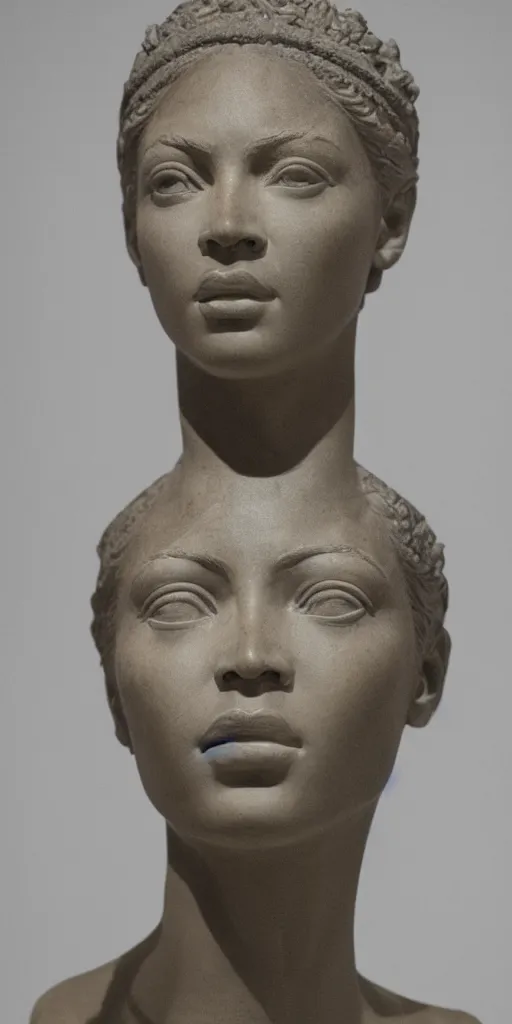 Prompt: detailed photo of ancient marble bust of beyonce, headshot, photorealism, intricate detail, museum diffuse lighting