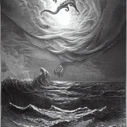 Prompt: cthulhu rising out of the water in front of a small town, night, soaring waves, clouds, illustration by Gustave Doré