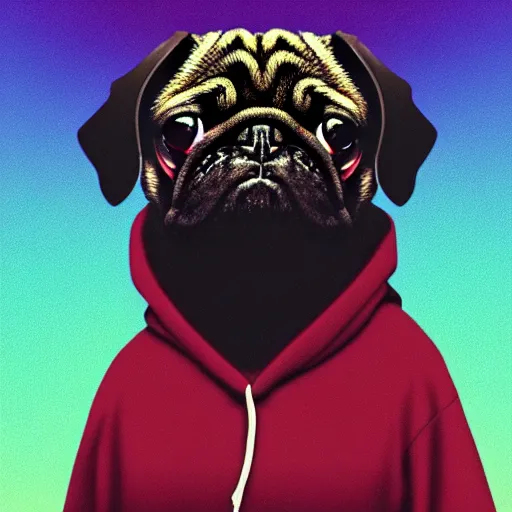 Image similar to a sad pug wearing a hoodie, the word ( sad ) is typed on the hoodie in upper case letters, digital art, synthwave style, trending on artstation, matte painting