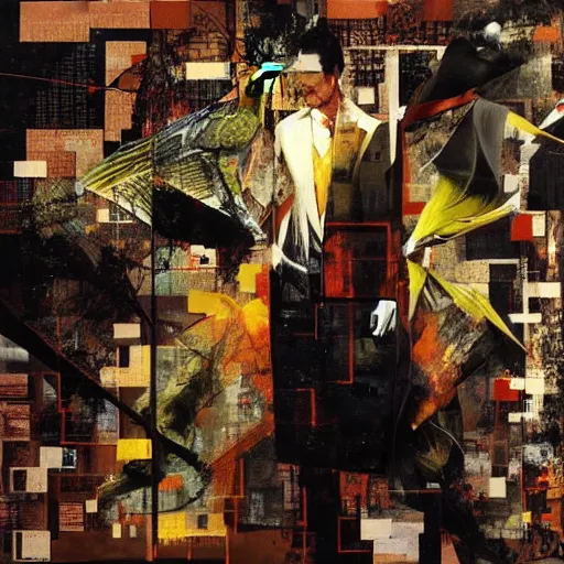 Prompt: a thrush wandering within the virtual realms of urban informatics and computational social science, oil on canvas by dave mckean and yoji shinkawa