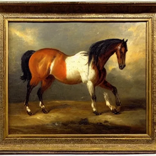 Prompt: oil painting by delacroix of a horse not at all frightened by a thunderstorm.