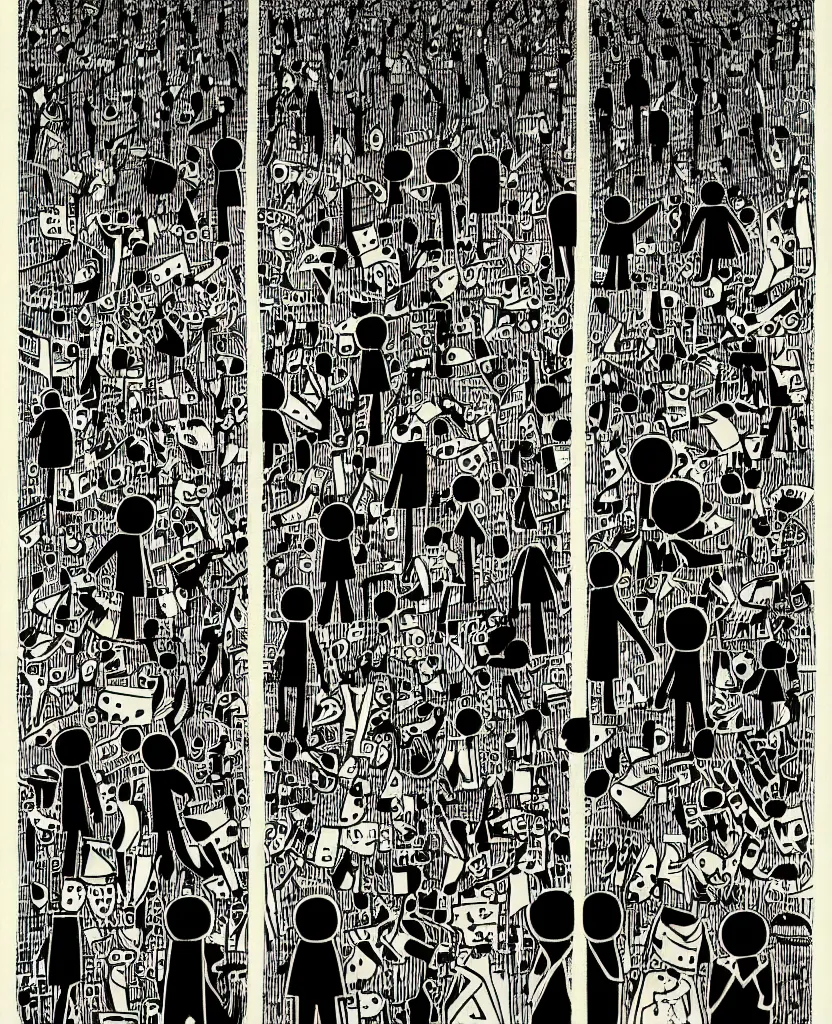 Image similar to a drawing of two people standing next to each other, a screenprint by michael deforge, featured on pixiv, orphism, concert poster, woodcut, poster art