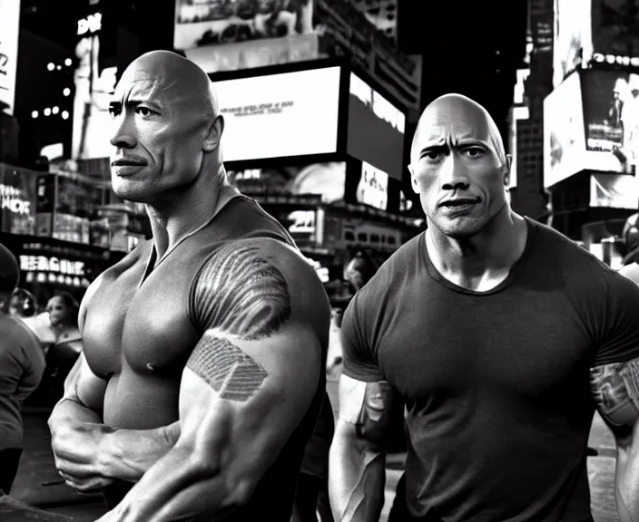 Image similar to dwayne the rock johnson and Adam Sandler on Methamphetamine at Times Square, photograph by Alfred Eisenstaedt, 4K, dramatic lighting; high energy; Full mood; 4K 8K