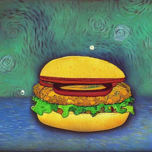 Prompt: Burger, surrealistic painting by Van Gogh