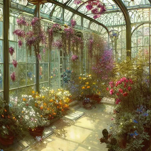 Image similar to a beautifull intricate greenhouse with many flowers, reflexions, high details by william turner art, greg rutkowski and alphonse mucha, trending on artstation, very very detailed, masterpiece,