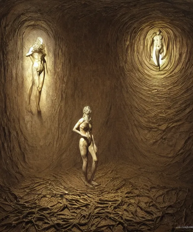 Image similar to The room without doors and windows with beautiful full-body wax sculpture of a glowing transparent woman with visible golden bones inside it in the singularity where stars becoming baroque folds of dark matter by Michelangelo da Caravaggio, Nicola Samori, William Blake, Alex Grey and Beksinski, dramatic volumetric lighting, highly detailed oil painting, 8k, masterpiece