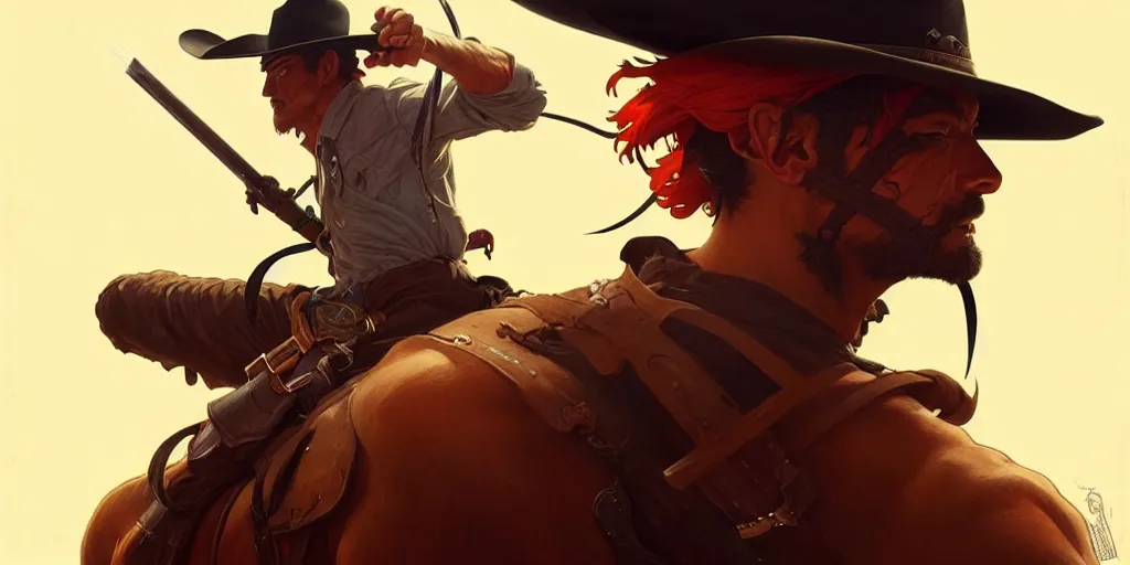 Image similar to cowboy versus ninja, movie poster, highly detailed, digital painting, artstation, concept art, matte, sharp focus, illustration, art by artgerm and greg rutkowski and alphonse mucha