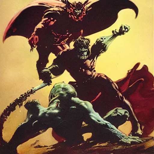 Image similar to hero fighting against the dark queen by frazetta,