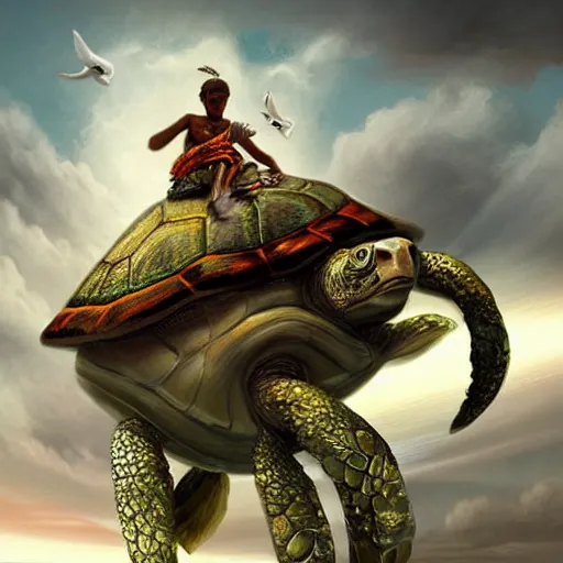 Image similar to kobe byrant riding on a turtle in heaven, amazing digital art, amazing detail, fantasy art, artstatiom, cgsociety, epic art