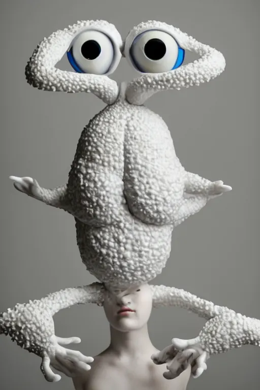 Image similar to full head and shoulders, beautiful porcelain female person, mixed with giant frog spawn eyes, smooth, delicate facial features, white detailed eyes, white lashes, 3 d white shiny thick, larg tentacles and eyeballs by daniel arsham and james jean, featured in pictoplasma