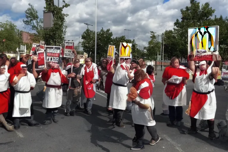 Image similar to cellphone photograph of a group of orcs protesting the working conditions in a mcdonalds parking lot. daylight. mcdonalds uniforms, aprons. picket signs