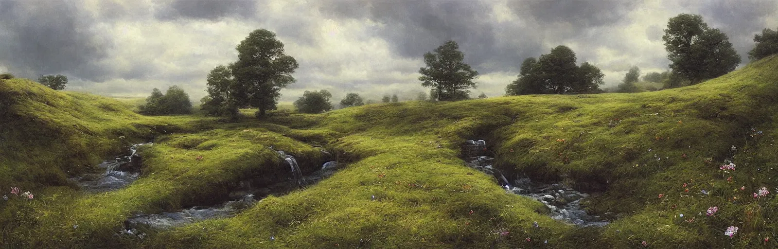 Prompt: A meadow with a stream, wide landscape, illustration, detailed, smooth, soft, warm, by Adolf Lachman, Shaun Tan, Surrealism