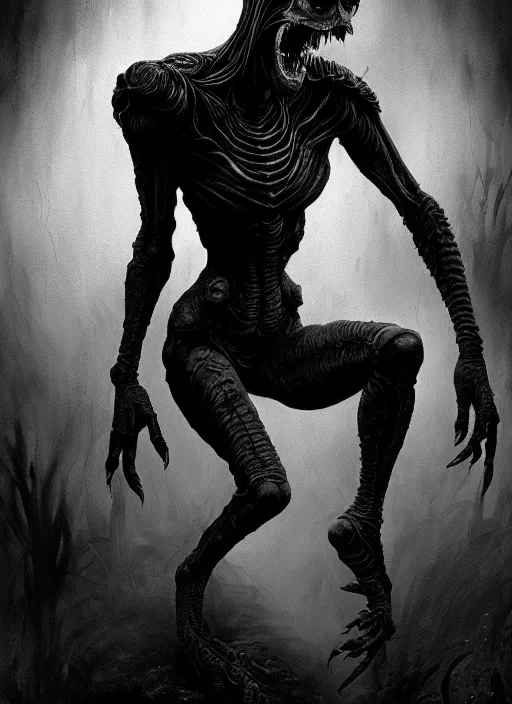 Image similar to ultra realist black and white horror painting of a dimly lit attractive alien female and hellish creature together, very intricate details, focus, curvy figure, model pose, full frame image, artstyle hiraku tanaka and craig mullins, award winning
