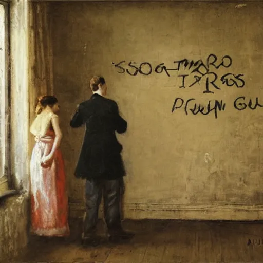 Image similar to a young man and a young woman solving an escape room puzzle, mysterious markings on the wall, by alfred stevens