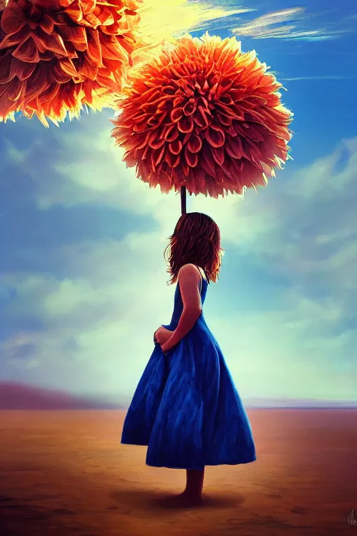 Image similar to closeup huge dahlia flower head, girl standing on beach, surreal photography, blue sky, sunrise, dramatic light, impressionist painting, digital painting, artstation, simon stalenhag