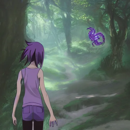 Image similar to concept art painting of an anthropomorphic purple gray anime reptile humanoid, in the deep forest, realistic, detailed, cel shaded, in the style of makoto shinkai and greg rutkowski and james gurney