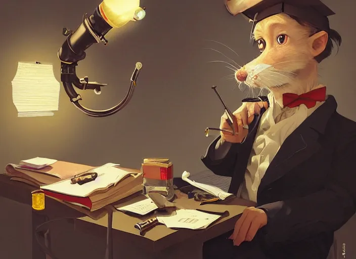 Image similar to portrait of a cute pet rat dressed as an english professor, smoking a pipe, giving a lecture in a university chemistry lab, digital art, artstation, fantasy, cinematic, fine details by realistic shaded lighting poster by ilya kuvshinov katsuhiro otomo, magali villeneuve, artgerm, jeremy lipkin and michael garmash and rob rey