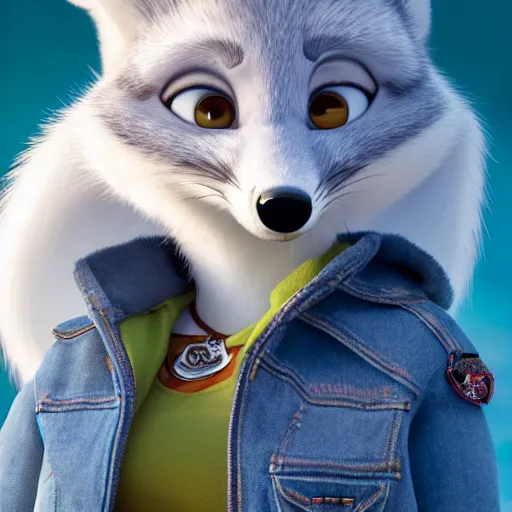 Prompt: upper half portrait, of a anthropomorphic female snow fox, with short fur covering her body and silver eyes, wearing a denim jacket, in the style of zootopia, far shot,