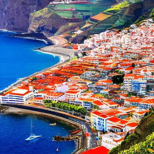 Image similar to madeira island, funchal, the bay, very very wide shot, photo - realism, cinematic shot. photography