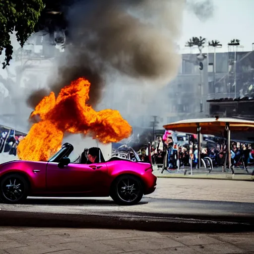 Image similar to a mazda mx-5 jumping through a hoop on fire, a crowd of people are sitting on benches in the background, there's a shark in a tank visible