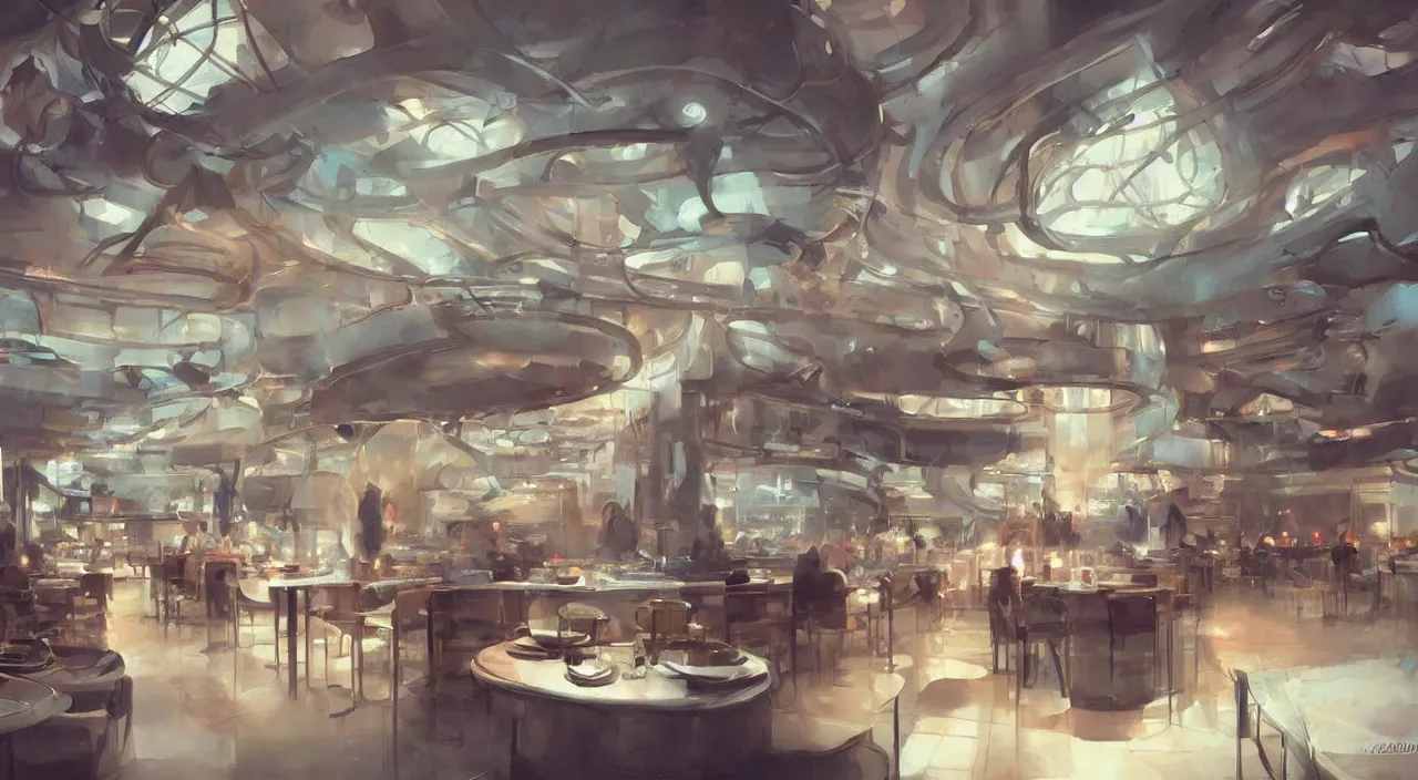 Prompt: futuristic restaurant by krenz cushart