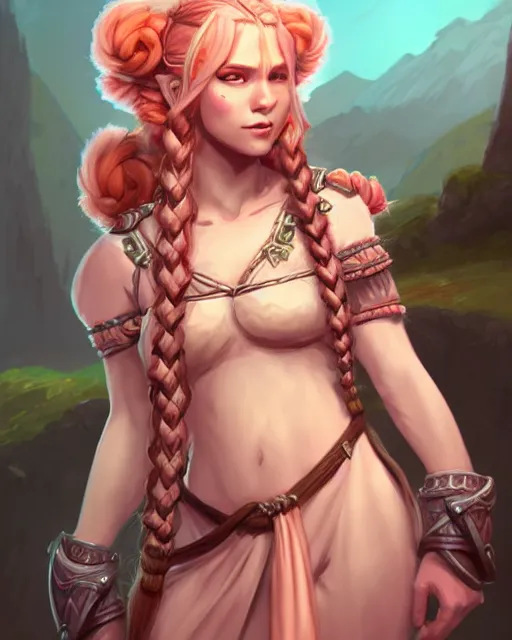 Prompt: soft pretty female firbolg dungeons and dragons long braided peach color hair, wearing an old tunic, d & d digital character illustration, artstation trending female illustration, intricate, sharp focus, hyper detailed, digital painting, matte, character art by prywinko art, pyromallis rene maritte, masterpiece