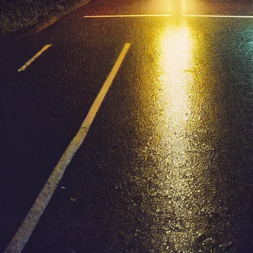 Prompt: first person viewpoint, night time POV, cyclist looking towards the end of a steep rain soaked suburban hilly road, night scene, wet road, filigrees of gold on the tarmac amber light, 90s