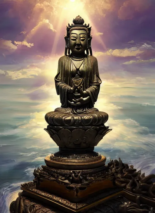 Image similar to guanyin stand on big loutus, a godness of the southern seas, a realistic setting with muted colors, visual novel cover, by yoshitaka amano, zeng fanzhi, jane hamilton, tiffany studios, sunrays shine uponit, frostbite 3 engine, cryengine, dof, trending on artstation, digital art, fantasy detailed background