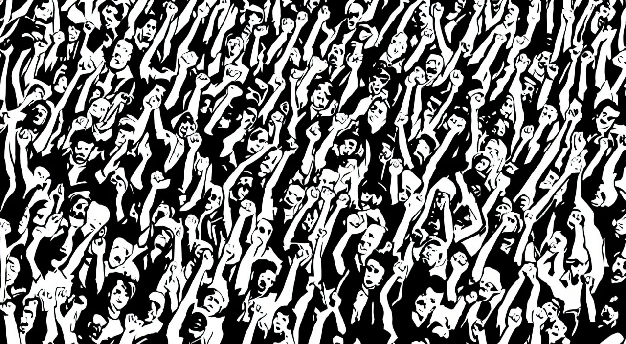 Prompt: black and white, high contrast, low angle, pop art of a group of workers raising their fists