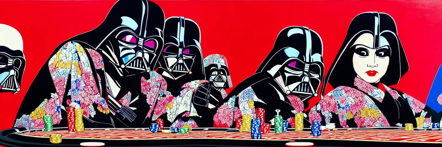 Image similar to hyperrealism composition of the detailed woman in a japanese kimono sitting at an extremely detailed poker table with darth vader, terminator, fireworks on the background, pop - art style, jacky tsai style, andy warhol style, acrylic on canvas