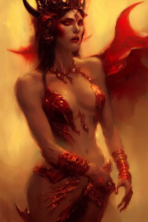Prompt: portrait of an attractive demon queen with red eyes painting by gaston bussiere, craig mullins, luis rollo, digital painting, highly detailed, artstation, sharp focus, illustration, concept art, high quality