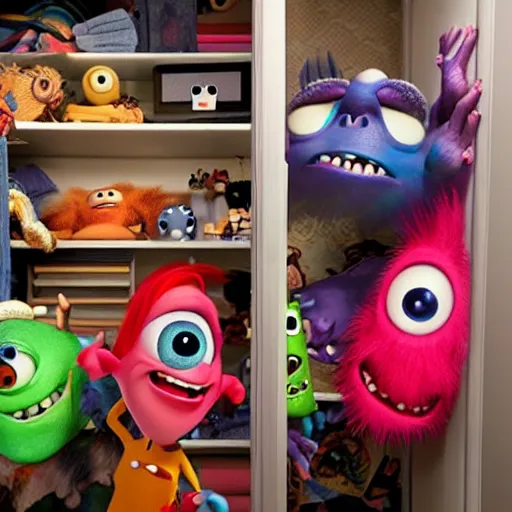 Image similar to monsters in my closet, pixar style, scary, frightening