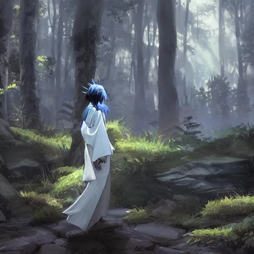 Image similar to concept art painting of an anthropomorphic humanoid white raven wearing dark blue robes, in the deep forest, realistic, detailed, cel shaded, in the style of makoto shinkai and greg rutkowski and james gurney