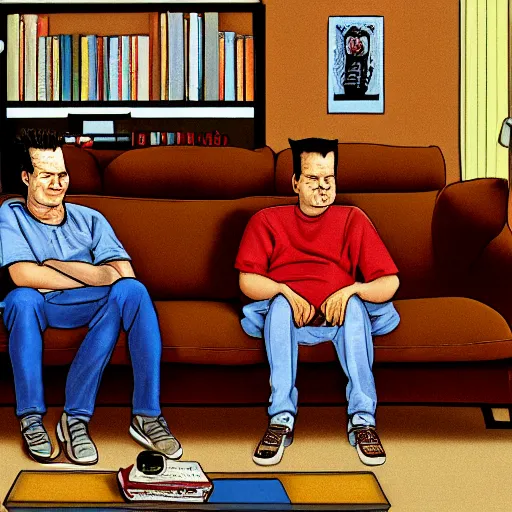 Prompt: High resolution hyperrealistic photo of Beavis and Butthead sitting on a brown sofa watching tv