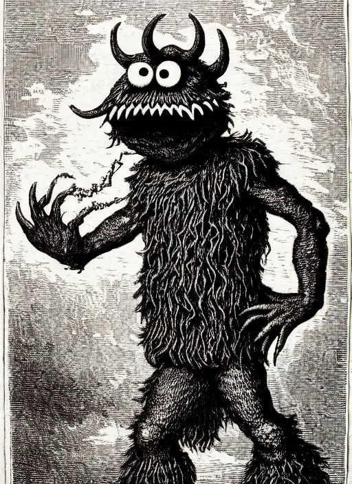 Prompt: cookie monster as a demon from the dictionarre infernal, etching by louis le breton, 1 8 6 9, 1 2 0 0 dpi scan, ultrasharp detail, clean scan