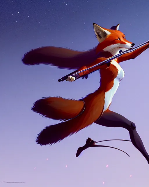 Image similar to a beautiful, dynamic illustration of an anthropomorphic fox - woman running while firing her winchester rifle, wild west theme, bullets whizzing by, motion blur and speed lines, studio muti, greg rutkowski, makoto shinkai, takashi takeuchi, studio ghibli