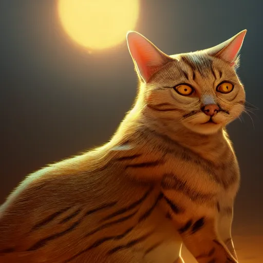 Image similar to egyptian cat, golden hour, fantasy, sharp focus, digital art, hyper realistic, 4 k, unreal engine, highly detailed, hd, dramatic lighting by brom, trending on artstation