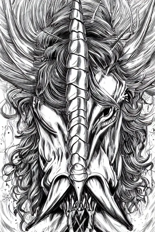 Image similar to bloodthirsty unicorn, symmetrical, highly detailed, digital art, sharp focus, trending on art station, kentaro miura manga art style