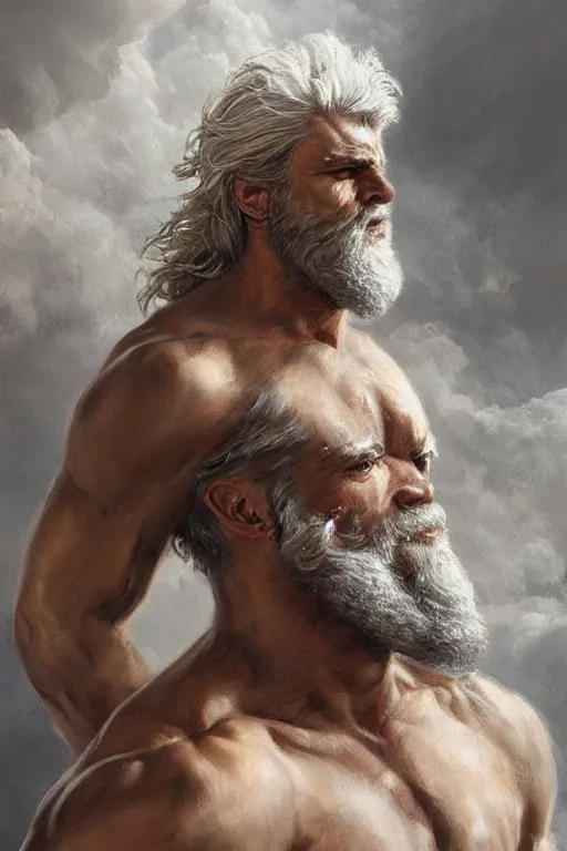 Image similar to painted portrait of rugged zeus, god of thunder, greek god, white hair, masculine, mature, handsome, upper body, muscular, hairy torso, fantasy, intricate, elegant, highly detailed, digital painting, artstation, concept art, smooth, sharp focus, illustration, art by gaston bussiere and greg rutkowski