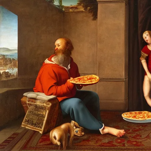 Image similar to a renaissance painting of a man eating pizza on the couch in his pajamas