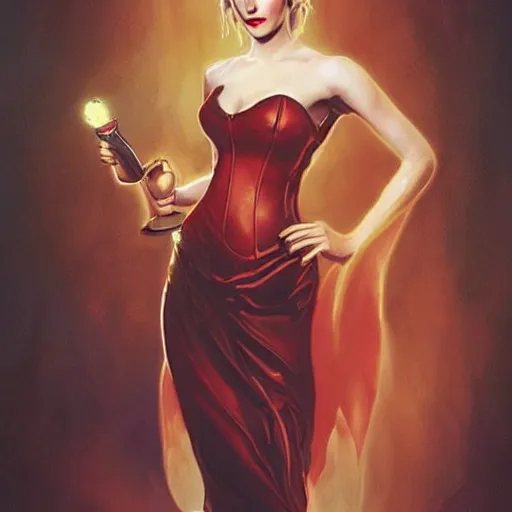 Image similar to emma watson dressed as jessica rabbit holding a glowing wand in one hand and a large leather bound book, fantasy, intricate, elegant, highly detailed, digital painting, artstation, concept art, matte, sharp focus, illustration, in the style of magic the gathering, art by artgerm and greg rutkowski and alphonse mucha